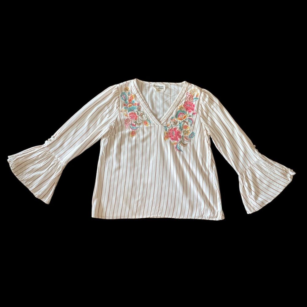 Savanna Jane Embroidered Floral Stripe Blouse Bell Sleeves V-Neck Women's Medium
